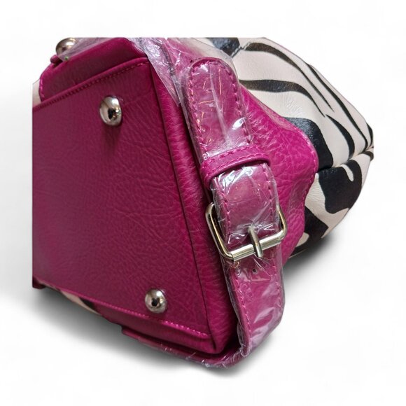 NWT Zebra Stripe Faux Leather Shoulder  Bucket Bag with Fuchsia Pink Trim - Picture 7 of 11